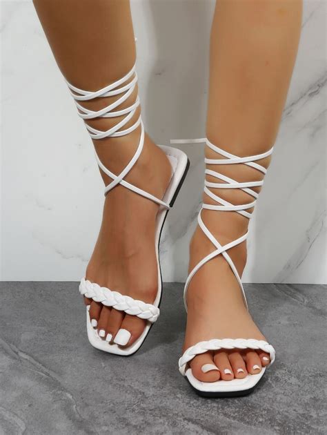 Women Braided Detail Tie Leg Design Strappy Sandals Vacation Solid