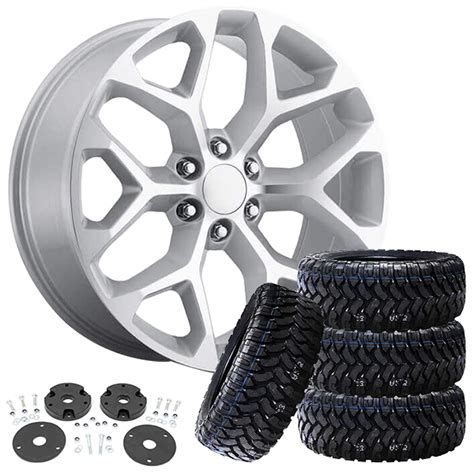 24" Chevrolet Silverado Snowflake Silver Wheels + M/T Tires + Leveling Kit Package #PKG905-2