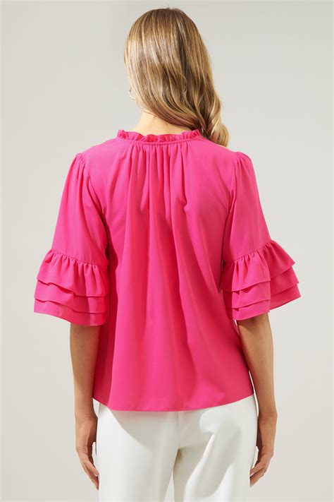 Break Room Split Neck Ruffle Blouse Sugarlips