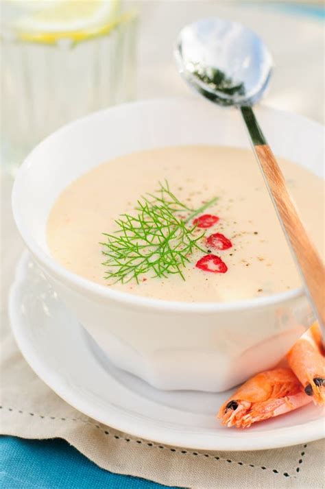 Cheese Shrimp Cream Soup In A White Bowl Stock Image Image Of Dill