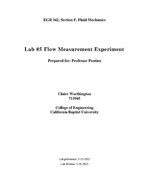 Fluid Lab Report 5 EGR 342 Section F Fluid Mechanics Lab 5 Flow