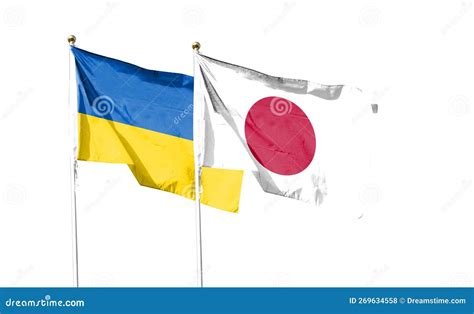 Japanska Och Ukrainska Flaggor Mot Molnigt Sky Som Viftar I Himlen