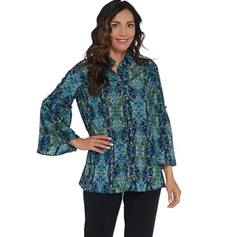 Susan Graver Printed Stretch Woven Bell Sleeve Shirt Navy Multicolor