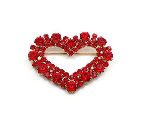 Red Heart Rhinestone Brooch Gold Metal Friendship Pin Etsy