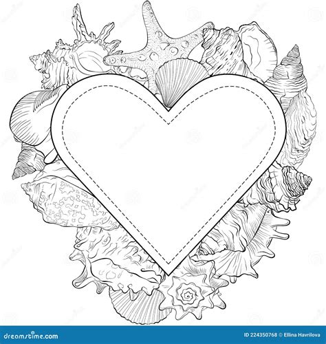 Heart Shape Frame From Hand Drawn Sea Shells And Starfish Stock Vector