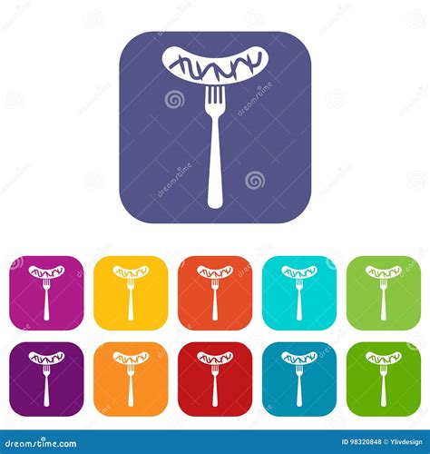 Grilled Sausage On A Fork Mustard Icons Set Stock Vector Illustration