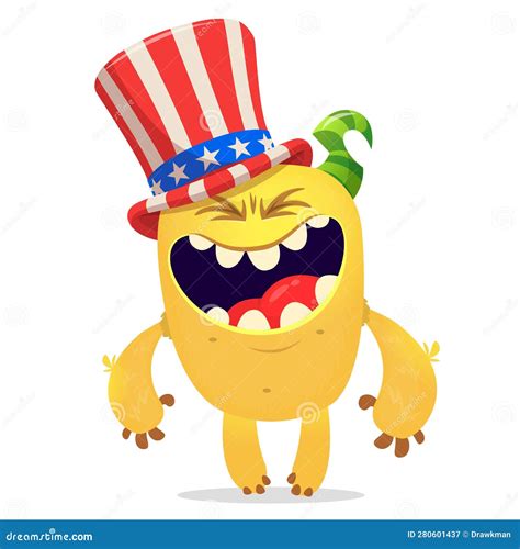 Cartoon Funny Monster Wearing Amirican Uncle Sam Hat On Usa