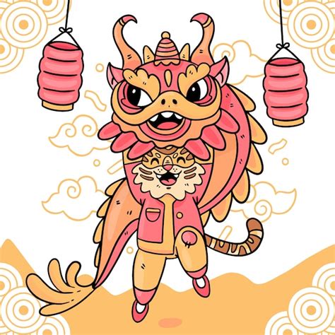 Free Vector Hand Drawn Chinese New Year Lion Dance Illustration