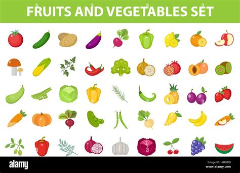 Fresh Fruit And Vegetable Icon Set Flat Cartoon Style Berries And