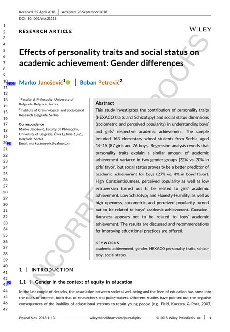 Pdf Effects Of Personality Traits And Social Status On Academic Achievement Gender Differences