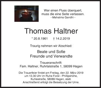 Traueranzeigen Von Thomas Haltner Trauer In Nrw De