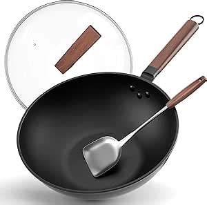 Yusailng Wok Pan Nonstick Carbon Steel Wok With Lid Including Glass