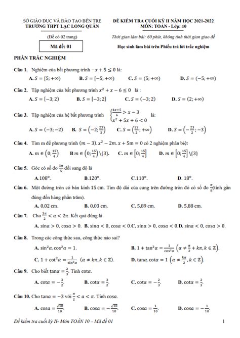 Đề cuối kỳ 2 Toán 10 năm 2021 2022 trường Lạc Long Quân Bến Tre