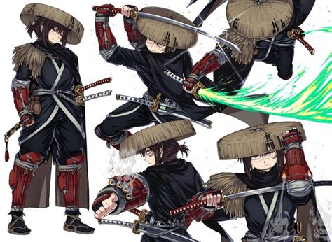 Four Different Poses Of An Anime Character With Swords And Armor One