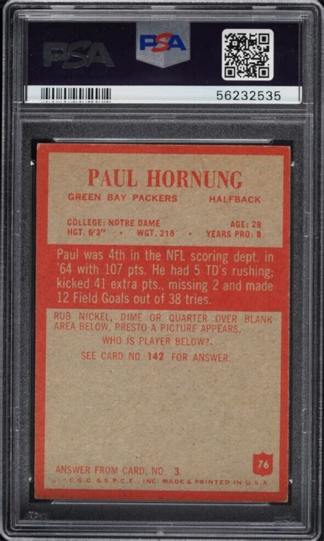 1965 Philadelphia FB Card 76 Paul Hornung Green Bay Packers HOF PSA 6