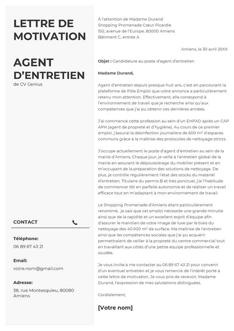 Lettre de motivation agent d'entretien - Exemple