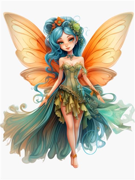 Beautiful Fairy With Orange Wings And Blue Hair Sticker For Sale By