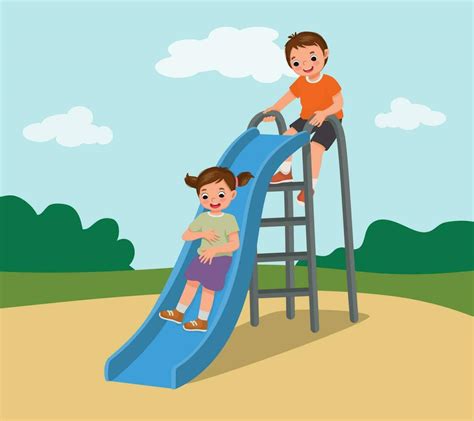 Cute Little Kids Boy And Girl Having Fun On Slide In Playground At The