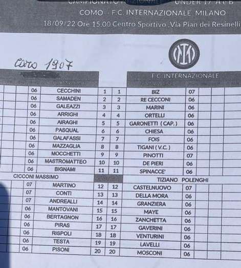 Como Inter U A B Formazioni Ufficiali Distinta