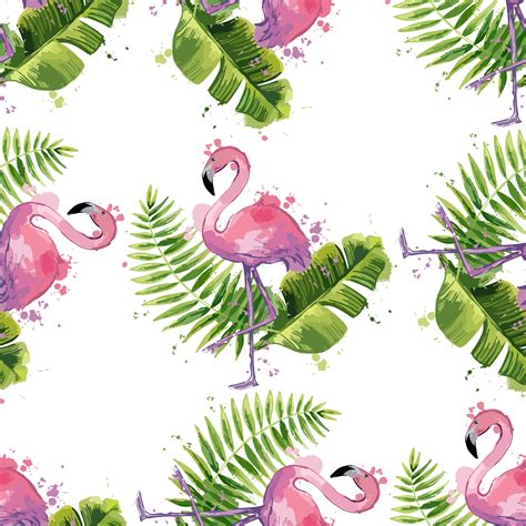 Vector Pink Flamingo With Exotic Tropical Leaves Seamless Pattern