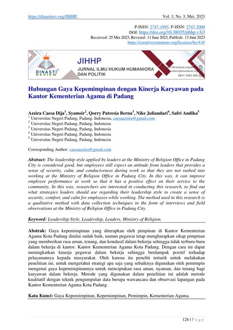 Pdf Hubungan Gaya Kepemimpinan Dengan Kinerja Karyawan Pada Kantor