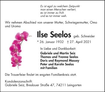 Traueranzeigen Von Ilse Seelos Trauerundgedenken De