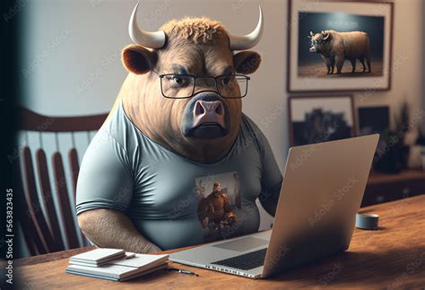 A Fat Bull Is Sitting At The Office Table In Front Of A Computer Sedentary Lifestyle Concept