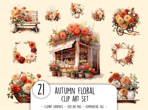 Watercolor Floral Autumn Clip Art Set Digital Printable Autumn Etsy