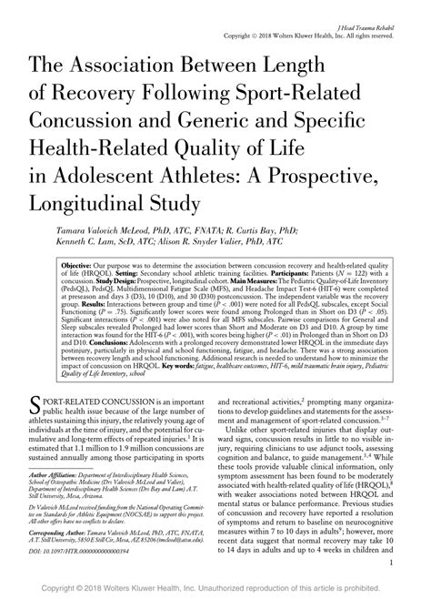 PDF Health Related Quality Of Life Following Sport Related Concussion