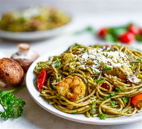 Shrimp Mushroom Pasta With Spinach Arugula Pesto Nutritious Delights