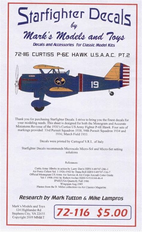 Starfighter Decals 1 72 Curtiss P 6E Hawk USAAC Pt 2 Decal Sheet