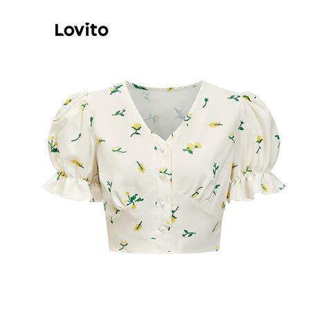 Lovito Cute Ditsy Floral Lettuce Trim Button Puff Sleeve Blouse For