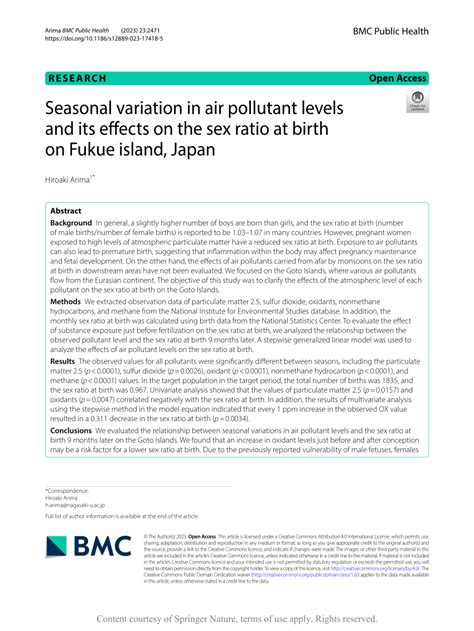 Pdf Seasonal Variation In Air Pollutant Levels And Its Effects On The Sex Ratio At Birth On