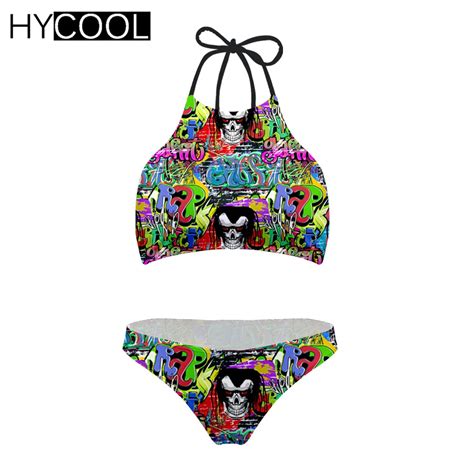 Hycool Graffiti Patterns Sexy High Neck Beachwear Cut Out Halter Bikini