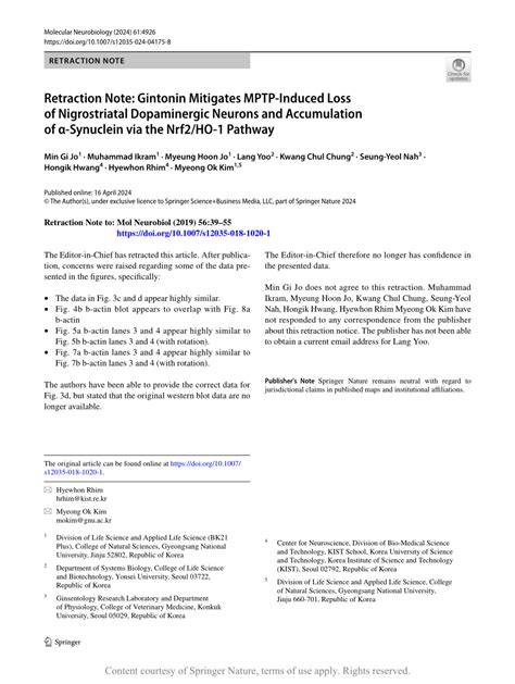 Retraction Note Gintonin Mitigates Mptp Induced Loss Of Nigrostriatal