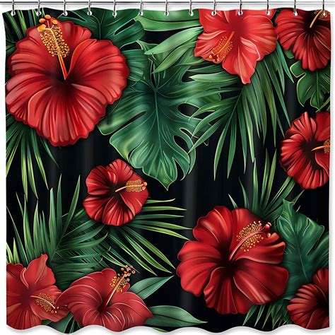 Exotic Tropical Floral Shower Curtain With Palm Leaves Hibiscus Pattern