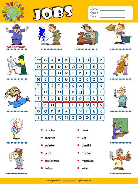 Jobs Esl Vocabulary Word Search Worksheet For Kids