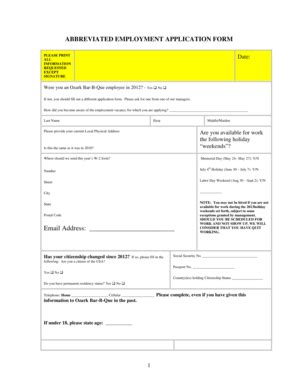 Fillable Online Abbreviated Employment Application Ozark Bar B Que