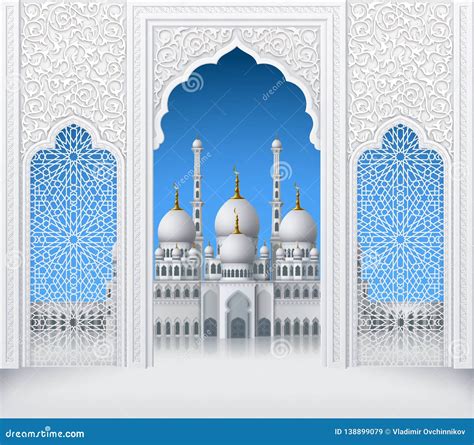 Islamic Design White Arch With Pattern And Mosque Stock Vector