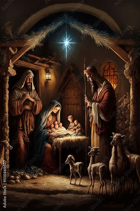 christmas nativity scene with jesus Stock Illustration | Adobe Stock