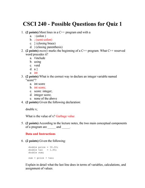 CSCI 240 Quiz Questions CSCI 240 Possible Questions For Quiz 1 2