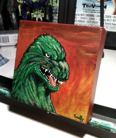 'King Kaiju' (Godzilla) Acrylics on 6x6" wrapped canvas | Painting, Art, Book art drawings