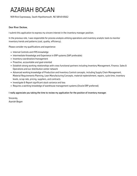 Inventory Manager Cover Letter Velvet Jobs