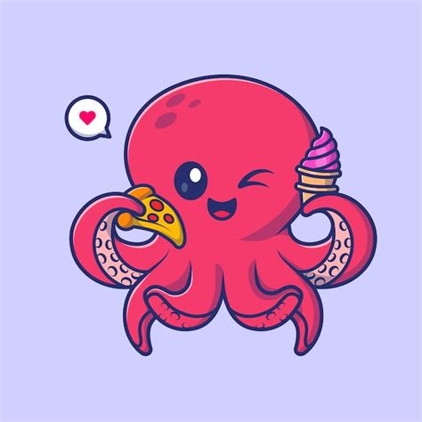 Lindo Pulpo Sosteniendo Helado Y Pizza Dibujos Animados Vector Icono