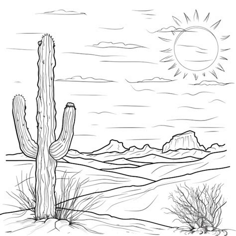 Un dessin d un cactus dans le désert avec un soleil en arrière plan