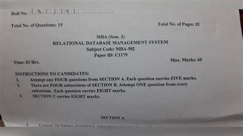 Question Paper Of Rdbms Relational Database Management System Mba 3rd Semester Youtube