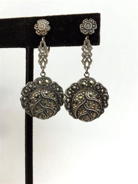 Vintage Jewelry Earrings Antique Sterling Silver Marcasite Flower 20s