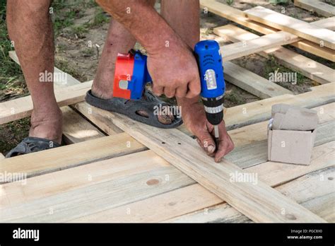 Bohrer Holz Werkstatt Holzarbeiten Und Personen Konzept Tischler Mit