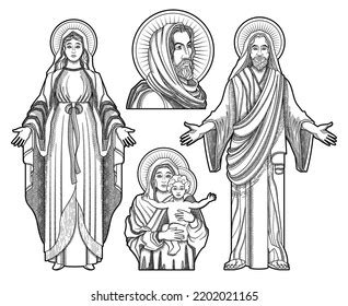 Jesus Christ Virgin Mary Drawing Set Stock Vector Royalty Free