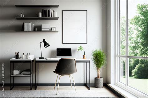 Bright minimalist study room as digital illustration with white empty ...